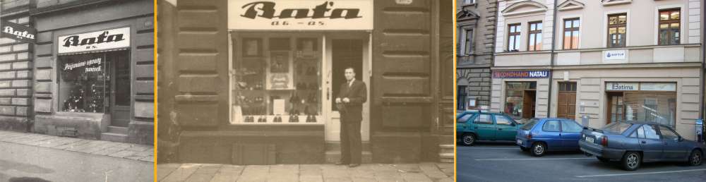 Pan František Školoud, vedoucí prodejny, p?ed obchodem firmy Baťa v období protektorátu, snímek vlevo je ze t?icátých let 20. st. a vpravo z 19.3. 2006.